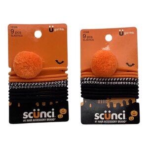 Scünci Halloween Hair Ties 9 Pcs Black Orange W/ Pom-Pom Accessory Elastic Bands